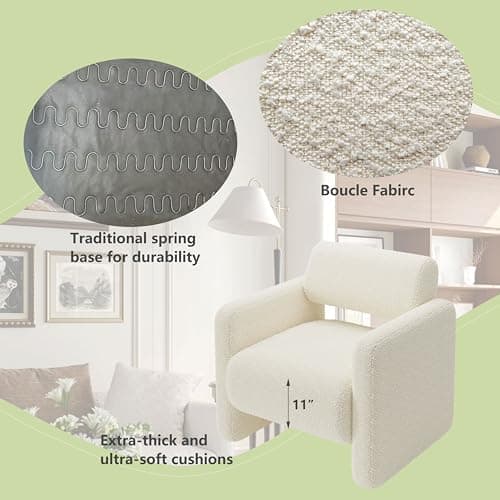 allamazing Accent Chair, Modern Boucle Fabric Armed Chair, Comfortable Single Sofa Chair for Living Room, Solid Wood Frame, Comfy Side Chair for Bedroom, Office, Reading (Beige) 9
