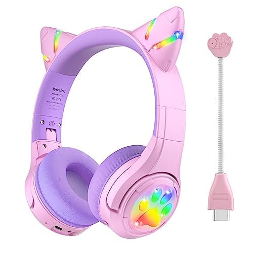 Riwbox CF9 Cat Ear Kids Bluetooth Headphones with LED Light Up,Safe 85dB Volume Limit,Built-in Mic&Boom Mic for Calls,Kids Wireless&Wired Headphones for Tablet/Airplane/School/Online Learning (Purple)
