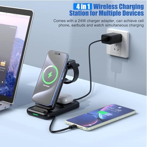 Wireless Charger for Samsung, Foldable 4 in 1 Mag-Safe Charging Station for Samsung S24/S23/S22, iPhone 15/14/13/12, Fast Charging Stand for Galaxy Watch 7/6/5/Galaxy Buds & Apple Watch Series/Airpods 6