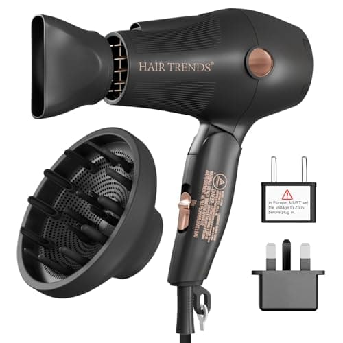 Travel Hair Dryer with Diffuser and Concentrator, Dual Voltage Hair Dryer (110V-250V) for European Trips, Compact Portable Blow Dryer for Women & Men with EU&UK Plug