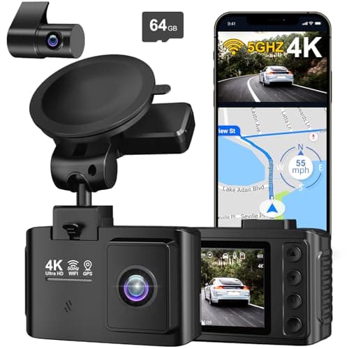 Dash Cam Front and Rear: 4K+2.5K Dual Channel Dash Cam-5GHz WiFi, GPS Dash Camera for Cars with 64GB Card, 2.0" IPS Screen, App Control,G-Sensor,Loop Recording,170°Wide Angle,Night Vision,Parking Mode