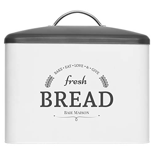 Extra Large White Farmhouse Bread Box for Kitchen Countertop - Breadbox Holder Fits 2+ Loaves - Bread Storage Container Bin - Rustic Bread Keeper Vintage Metal Kitchen Decor for Counter (Grey Lid)