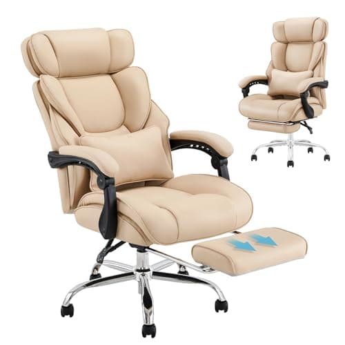 COLAMY Office Chair with Footrest, Ergonomic High Back Design Executive Computer Desk Chair with Removable Lumbar Pillow, 90-135°Reclining, Thick Bonded Leather for Home Office Work Comfort, Khaki