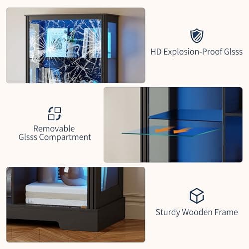 HNEBC 71'' Display Cabinet with 5-Tier and 3 Color Lights for Books Toys Liquor,Curio Cabinet with Human Body Bookcases for Bedroom, Living Room,Black 3