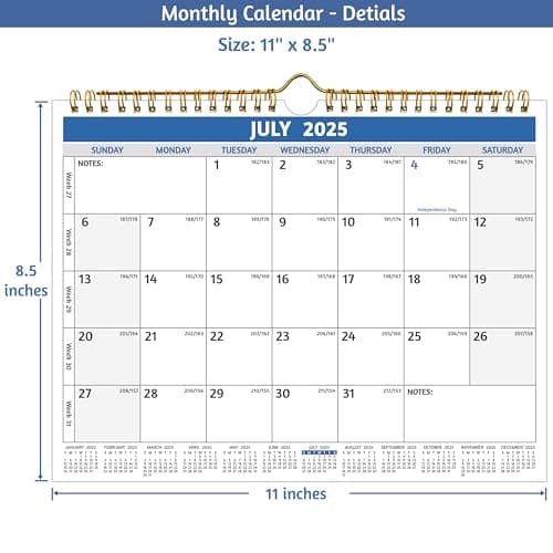 Wall Calendar 2025-2026 – Calendar 2025-2026 Wall, Run Now to Dec 2026, 11 x 8.5 In, 20 Monthly Calendar, with Twin-wire Binding, Yearly Overview, Julian Dates, Thick Paper, Holidays, ＆ Notes, Blue 6