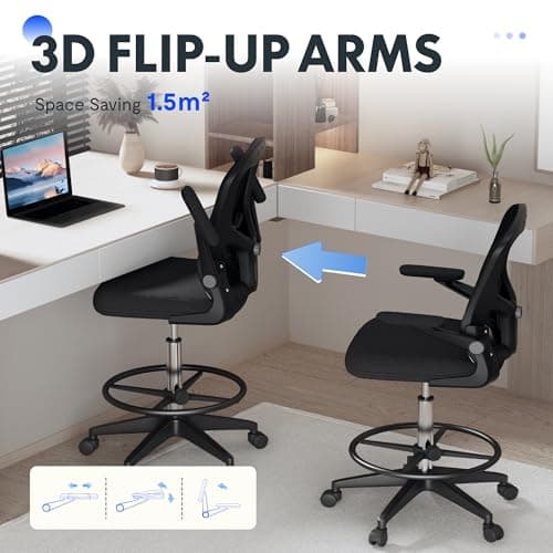 FLEXISPOT Big and Tall Mesh Office Drafting Chair, Comfortable Computer Chairs with Adjustable Lumbar Support and 3D Flip-Up Armrests, Standing Desk Chairs for Drawing Work(Black), TC1-NEW 5