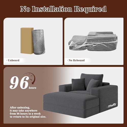 52" Boneless Chaise Lounge Chair Indoor — Oversized Cloud-Like Cozy Comfy Modular 3-in-1 Sofa Bed for Reading, Living Room & Bedroom Corduroy Couch Sleeper, Grey 7