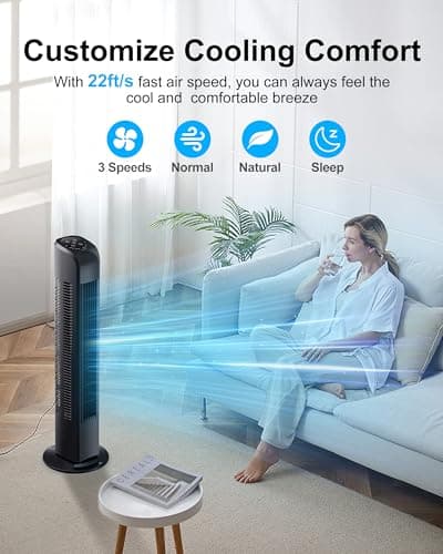 Uthfy Oscillating Tower Fan with Remote, Electric Standing Floor Fan for Bedroom Indoor Office and Home Use,Quiet Cooling Portable Bladeless Tower Fans, 30 inchs, Black 5