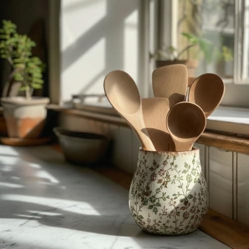 JIEMEI HOME Kitchen Utensil Holder, 6.3" Ceramic Rustic Utensil Crock for Countertop, Farmhouse Cooking Tool Organizer, Spatula Holder For Kitchen Decor, Green and Brown Floral 6