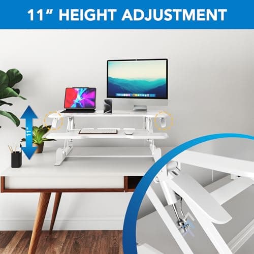 Mount-It! Standing Desk Converter White 38” Wide Height Adjustable Stand Up Desk Riser, Desk Topper with Gas Spring, Desktop Standing Desk with Keyboard Tray Fits Two Monitors 5