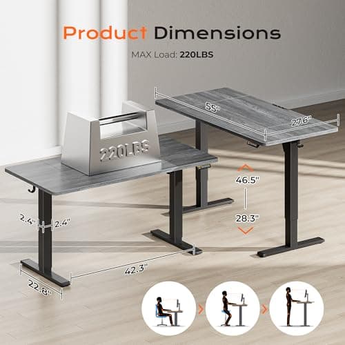 Huuger 55 x 28 Large Electric Standing Desk, Height Adjustable Desk, 27.6" Deep Desktop, Stand up Gaming Computer Office Desk with 2 Hooks, 3 Preset Heights, for Home Office, Grey 2