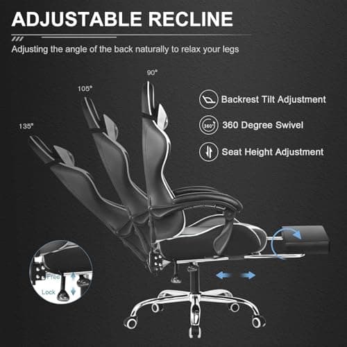 GTPLAYER Gaming Chair, Computer Chair with Footrest and Lumbar Support, Height Adjustable Game Chair with 360°-Swivel Seat and Headrest and for Office or Gaming (Pearl White) 6