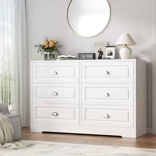 Shintenchi Dresser for Bedroom with 6 Drawers,Double Dresser & Chest of Drawers Wooden Organizer with Metal Handle, Storage TV Stand for Living Room,White