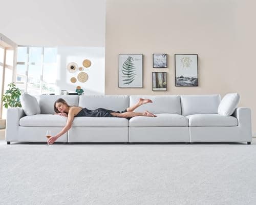 PaPaJet Modular Sectional Sofa, 114 Inches Oversized Down Filled Sectional Sofa, 4 Seats L Shaped Comfy Couch with Chaise, Ottoman, Could Sofa for Living Room, White Linen Couch Set 6