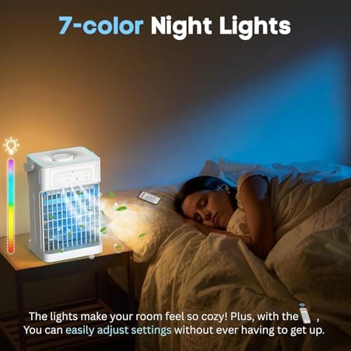 Portable Air Conditioners, 3 Speeds, 3 Mist Settings, 40oz XL Water Tank, 2~8h Timer & 7-color Ambient Lights, Air Conditioner Portable, Personal Small Mini Air Conditioner Air Cooler for Room Bedroom 6