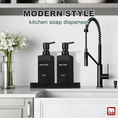 GMISUN Kitchen Soap Dispenser Set, Hand and Dish Soap Dispensers, 12 fl oz/350 ml Black Soap Dispenser with Tray, Glass Dish Dispenser for Kitchen, Liquid Hand Soap and Lotion Bottle Set for Bathroom 5