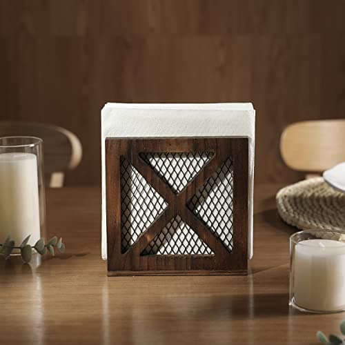 FARM IN Rustic Napkin Holder, Farmhouse Style Solid Burnt Wood and Diamond Metal Wire Mesh Design, Barn Door “X-Cross” Design, for Home and Commercial Use 2