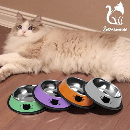 Serentive 2 Pcs Non-Slip Stainless Steel Small Cat Food Bowls - Unbreakable, Thicken 7 Oz Cat Dishes - Indoor, Removable Rubber Base, Easily Clean, Lovely Color 7