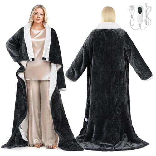 PASAMIC Electric Wearable Heated Blanket with Foot Pocket, Heated Blanket Wearable with Sleeves, Flannel & Sherpa Electric Throw, 10 Heat Settings & 2-8H Auto Shut-Off, 50 * 70"+18", Dark Grey