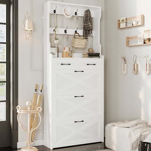 IRONCK Shoe Cabinet Storage with 3 Flip Drawers and Coat Rack, Free Standing Wooden Narrow Shoe Storage Organizer Shoe Rack Cabinet with for Entryway, White