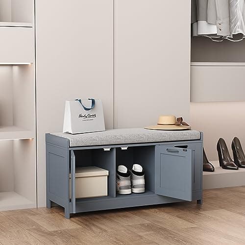 HOMEFORT Shoe Storage Bench, Wooden Shoe Bench with 3-Door Cabinets, Entry Way Home Organizer Bench, Entryway Bench with Padded Cushion Seat, Grey Storage Bench for Bedroom. 7