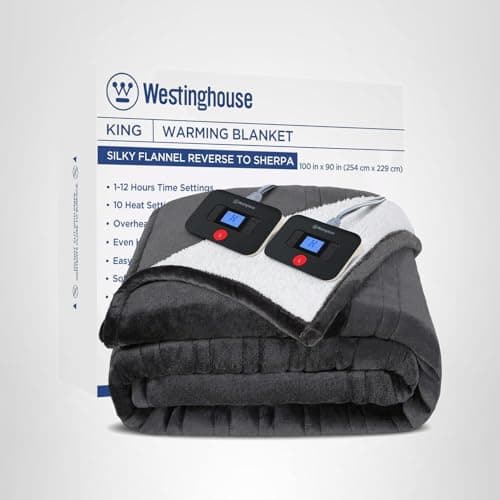 Westinghouse Electric Blanket King, Heated Blanket King Size with 10 Heating Levels and 1 to 12 Hours Heating Time Settings, Flannel to Sherpa Reversible, Machine Washable (90" x 100", Charcoal) 10