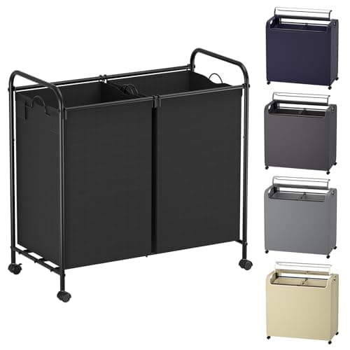 Jewem 100L Sealed Laundry Sorter Cart, Double Hamper with Wheels, Rolling Basket with Lid, Heavy Duty Bin with 2 Removable Bags