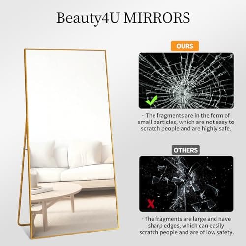 Beauty4U 65" x 24" Full Length Mirror with Stand, Gold Wall Mounting Full Body Mirror, Metal Frame Full-Length Tempered Mirror for Living Room, Bedroom 5