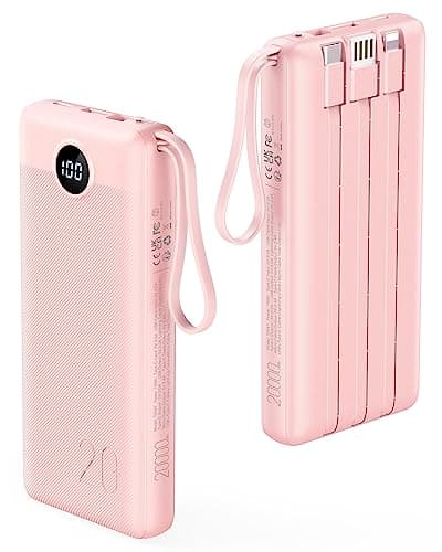 VRURC Portable Charger, 20000mAh Power Bank Fast Charging, Built-in Micro & USB C Three Cables, 4 Output 2 Input LED Display Charging Bank for iPhone, Samsung, Android etc-Pink (1 Pack)