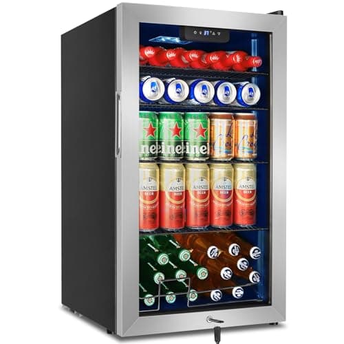 Beverage Refrigerator 126 Can, Mini Beverage Fridge Small Beverage Cooler Stainless Steel with Glass Door Safety Lock, Drink Fridge for Beer Soda Wine, Perfect for Dorm Office Hotel