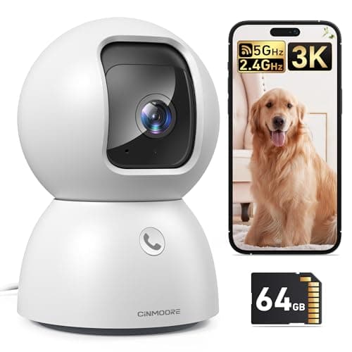 CINMOORE Smart 3K Indoor Dome Security Camera with AI Human/Pet/Facial Detection, 360° Pan-Tilt Coverage, 2-Way Audio, 2.4GHz 5GHz Dual-Band Wi-Fi - Includes 64GB SD Card & No Subscription Needed