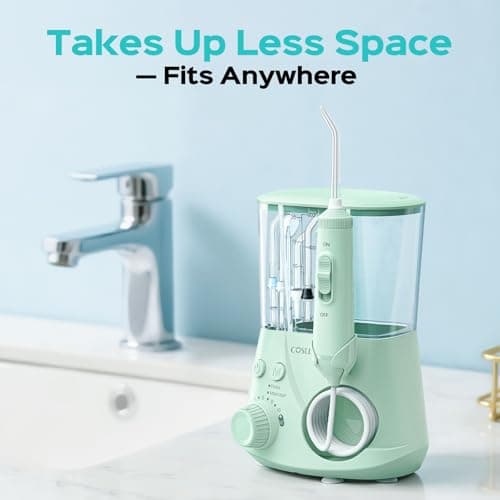 COSLUS E2 Excellent Water Flosser for Teeth Cleaning: 12 Pressure Settings & 2 Modes for Orthodontic, Braces, Sensitive - Patented Storage, 5 Jet Tips and 600ML Tank for Family, Home Use, Green 8