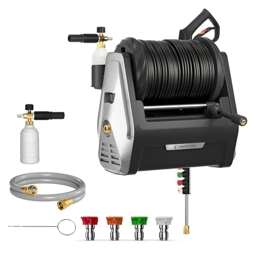 Giraffe Tools Wall Mounted Pressure Washer Essential with Upgraded 1800W Motor, 2900 PSI, 2.2 GPM Electric Power Washer, Automatic Rewind, 100ft Pressure Hoses, 5 Nozzles for Floor/Cars/Fences/Patios