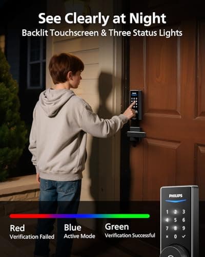 Philips Built-in WiFi Smart Lock, Keyless Entry Door Lock with App, Touchscreen, Indicator Light, Fingerprint Door Lock — Compatible with Alexa & Google, Splash-Proof Design, Includes 8 Batteries 6