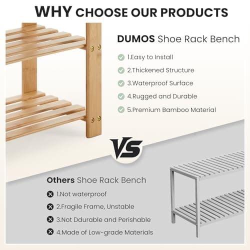 DUMOS Shoe Rack Bench with Storage, 3-Tier Bamboo Entryway Benches, Wooden Shoe Rack Holds Up to 286 lb Storage Organizer, Suitable for Bedroom Living Room Balcony, Classical Wood 5
