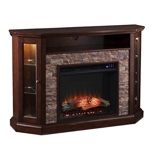 SEI Furniture Redden Faux Stone Corner Convertible Electric Fireplace with Media Storage, New Espresso 10