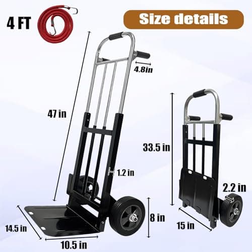 800 LB Dolly Cart with 8" Solid Rubber Wheels, Heavy Duty Folding Hand Truck Dolly with Bungee Cords, Compact Foldable Alloy Steel Design for Warehouses, Homes, Offices, and Small Business (800 LBS) 5