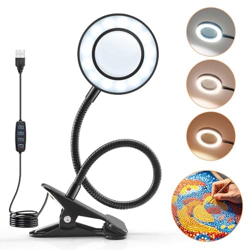 10X Lighted Magnifying Glass - 3 Colors & 10 Brightness Clip On Desk Lamp with Clamp Light - 1000 Lumen Hands Free Magnifier