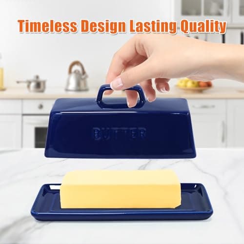 Gute Butter Dish with Lid for Countertop, Covered Ceramic Butter Dish, Butter Tray Storage for 1 Stick of Butter, Butter Keeper Container with Handle for Kitchen, Navy Blue 5