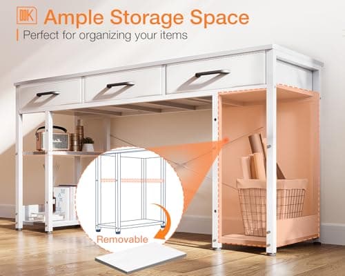 ODK Office Small Computer Desk: Home Table with Fabric Drawers & Storage Shelves, Modern Writing Desk, White, 48"x16" 6