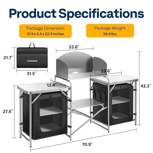 VIVOHOME Folding Camping Kitchen Station Table with Storage Organizer, 2 Side Tables, Stainless Steel Windscreen, Outdoor Portable Cook Station for BBQ, Picnics 2