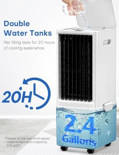 COOLECH Portable Air Conditioners w/Remote, 4 Modes & 3 Speeds, Waterless Alert System & 2.4-Gal Tank for 20H Cooling, 12H Timer for Auto Off, 3-IN-1 Evaporative Air Cooler for Room Bedroom Office 5