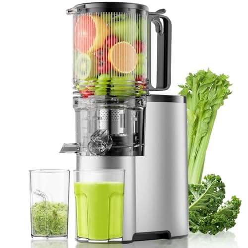 Cold Press Juicer, 5.3" Wide Feed Chute Juice Extractor Machine with 400W, High Juice Yield, Slow Masticating Juicer for Whole Vegetables & Fruits, Metallic Silver