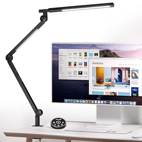 AmazLit Desk Lamp with Clamp, Eye-Care Swing Arm Desk Lamp, Stepless Dimming & Adjustable Color Temperature Modern Architect Lamp with Memory & Timing Function for Study, Work, Home, Office, 12W