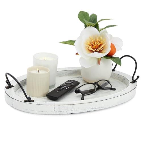 Farmlyn Creek Wooden Tray - 16 x 11 x 2 in, Rustic White Oval - Serving Platter with Handles for Coffee Table Decor & Bed Tray Use - Table Centerpiece for Farmhouse Decor