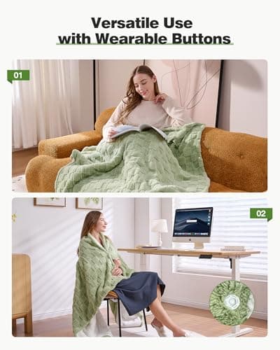 Yokimisu Heated Throw Blanket 50"x60" - 9-Level Fast Heating & 1-10H Timer, Fluffy Plush Blanket with Snap Buttons for Secure Fit, Soft Cozy Gift for Women/Men, for Couch, Bed & Office, Green 6