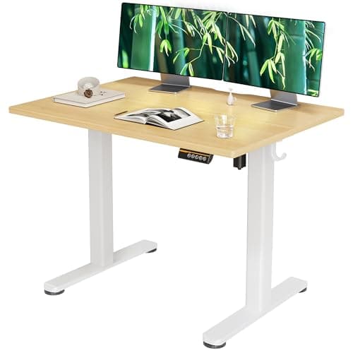 Claiks Bamboo Electric Standing Desk, Adjustable Height Stand up Desk, 40x24 Inches Sit Stand Home Office Desk with Splice Board, White Frame/BambooTop