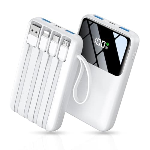 HELLEE Power Bank, 15000mAh Portable Charger with Built in Cable, 22.5W Fast Charging, 6 Outputs, Slim Travel Essential Battery Pack with LED Display, Compatible with iPhone 17/16/15/14/13, iPad White