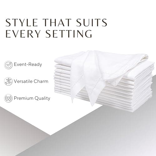 Ramanta Home Decorative Cloth Dinner Napkins Set of 12, 20x20 Inch White Hemstitched Flax Cotton Napkins with Mitered Corners, Oversized Use, Parties, Weddings, Spring, Easter Cloth Napkins 5