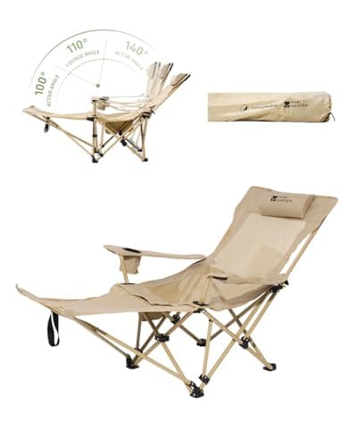 MOBI GARDEN Reclining Camping Chair with Foot Rest, 4-Position Adjustable Folding Lounge Chair for Adults, Portable & Detachable Footrest – Sand - Mesh Back